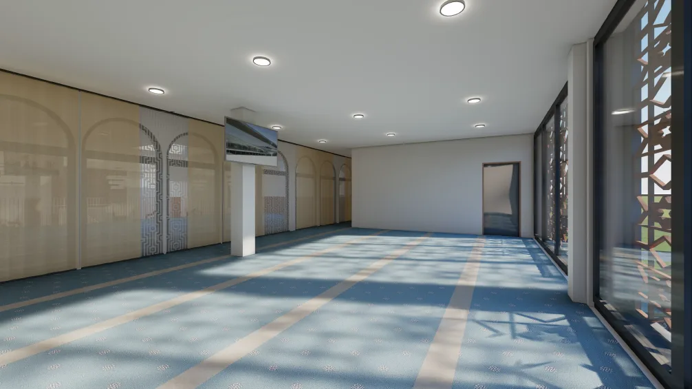 Viel natürliches Licht verleiht den Räumlichkeiten eine angenehme Atmosphäre. Ein mit Sonnenlicht durchfluteter Raum mit Televisionsgerät an einer Säule.